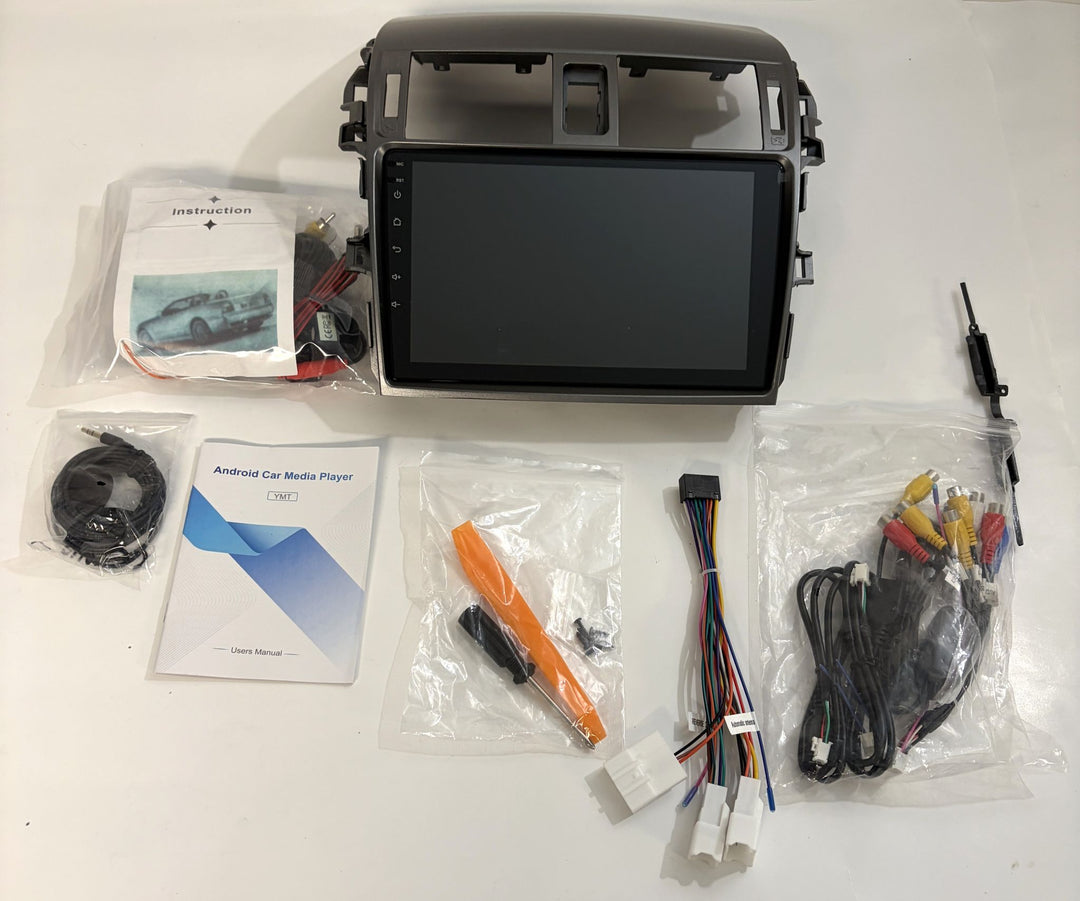 Rimody Android touchscreen car stereo for Ford Fiesta with black dash fascia, instruction manuals, wiring harnesses, RCA cables, and accessories