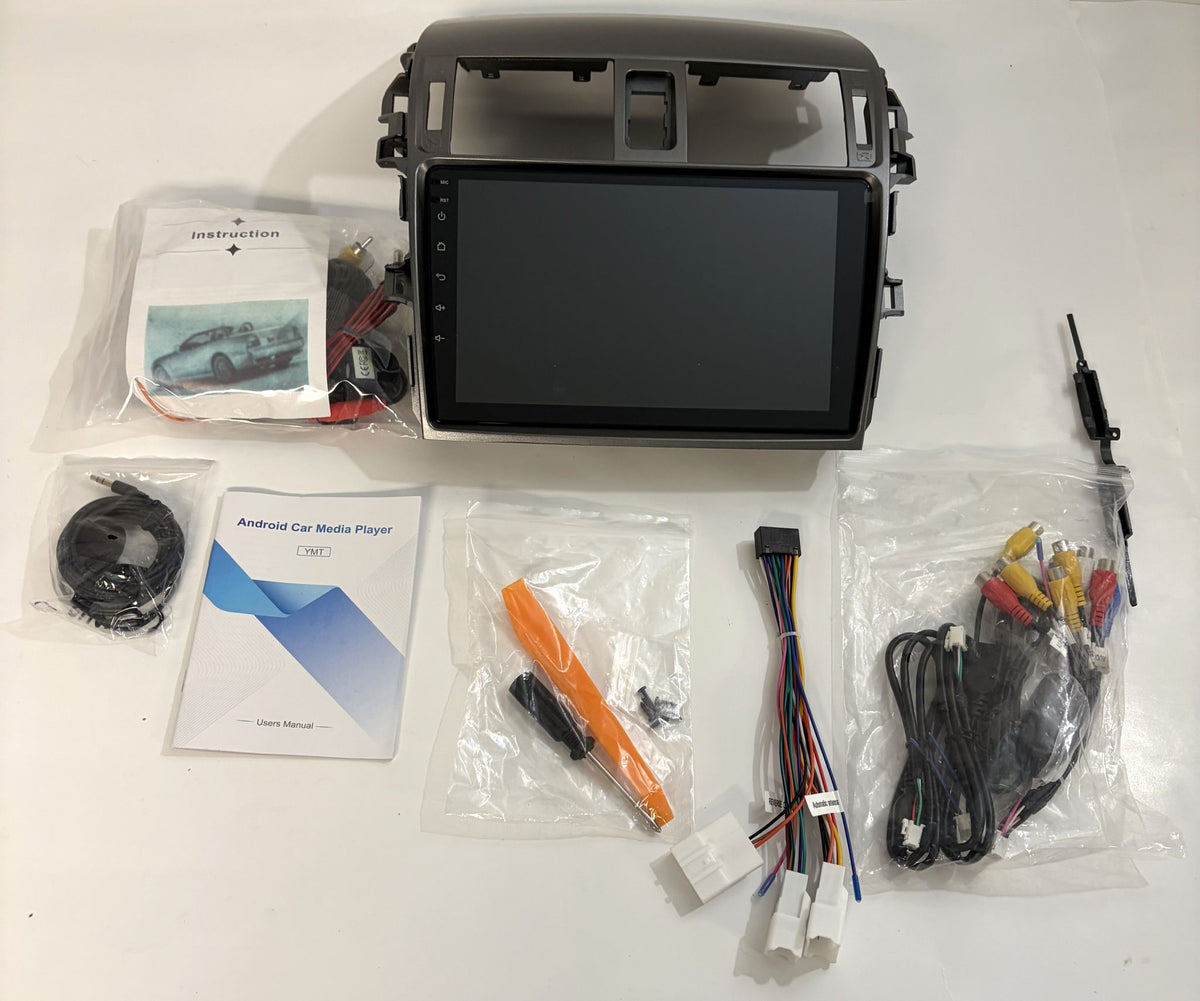 Rimody Android touchscreen car stereo for Ford Fiesta with black dash fascia, instruction manuals, wiring harnesses, RCA cables, and accessories