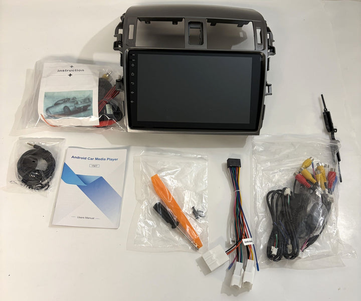 Rimody Android touchscreen car stereo for Ford Fiesta with black dash fascia, instruction manuals, wiring harnesses, RCA cables, and accessories