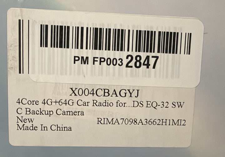 Rimody car stereo label with barcode, PM FP003 2847, code X004CBAGYJ, 4 core, 4GB RAM, 64GB storage, EQ 32, SWC, backup camera, new condition