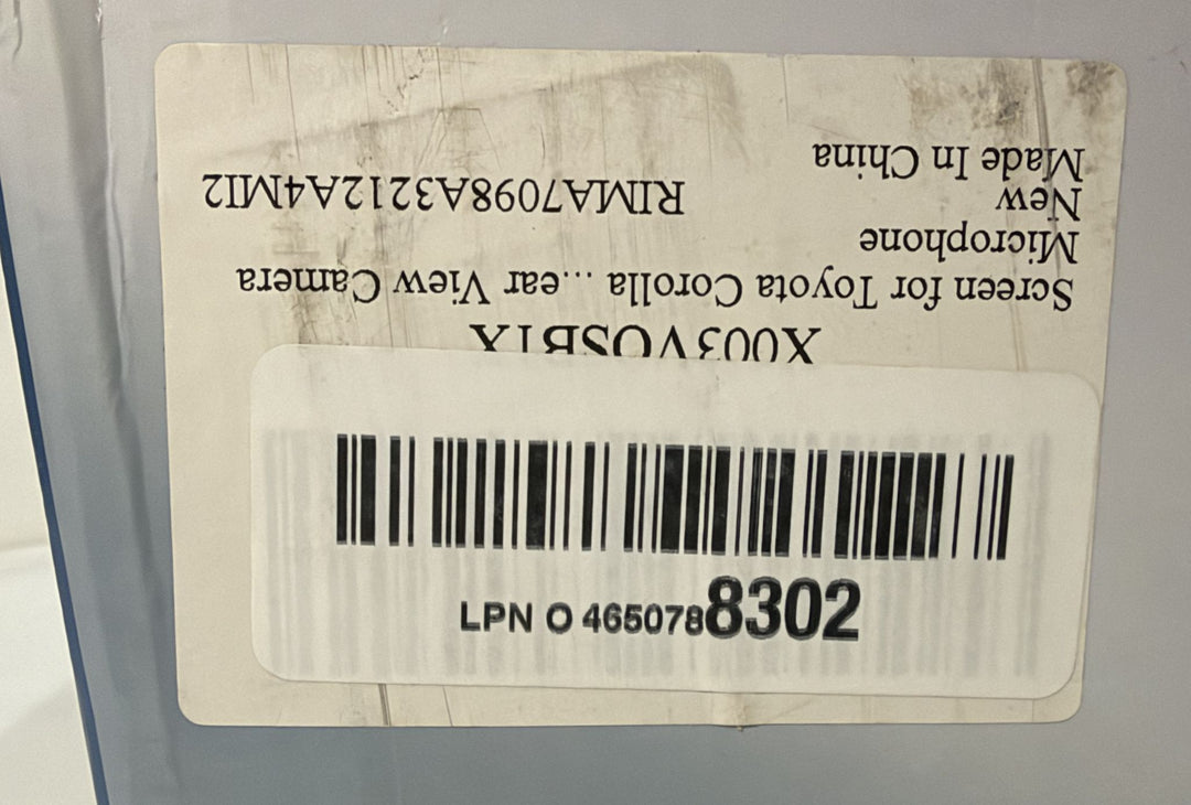 Rimoody Android car stereo product label for Toyota Corolla with rear view camera and microphone text, barcode, and LPN identification number