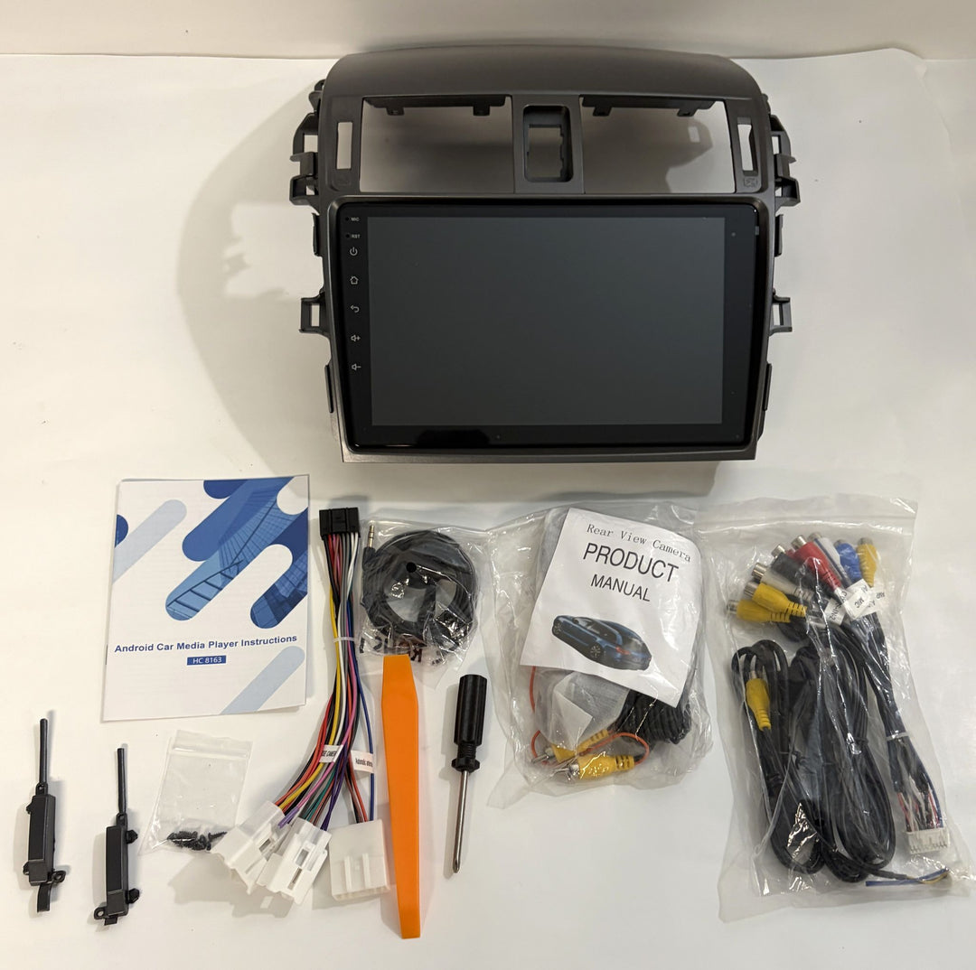 Rimoody new Android touchscreen car stereo for Toyota Corolla 2009 to 2013 with wiring harness, cables, manual, and backup camera kit