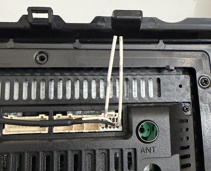 Rimoody Android car stereo rear panel with wiring connectors and green ANT antenna port for 2005 to 2012 Toyota Avalon models