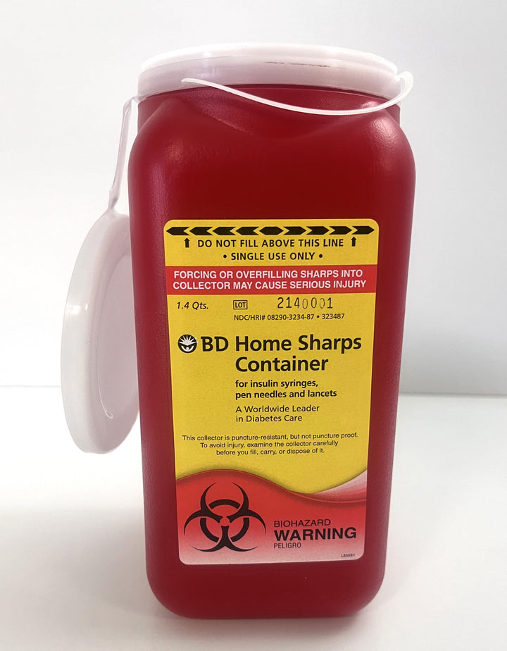 Home Sharps Container, 1.4 Qt: Secure, puncture-resistant container for safe disposal of needles and syringes, ideal for home use.