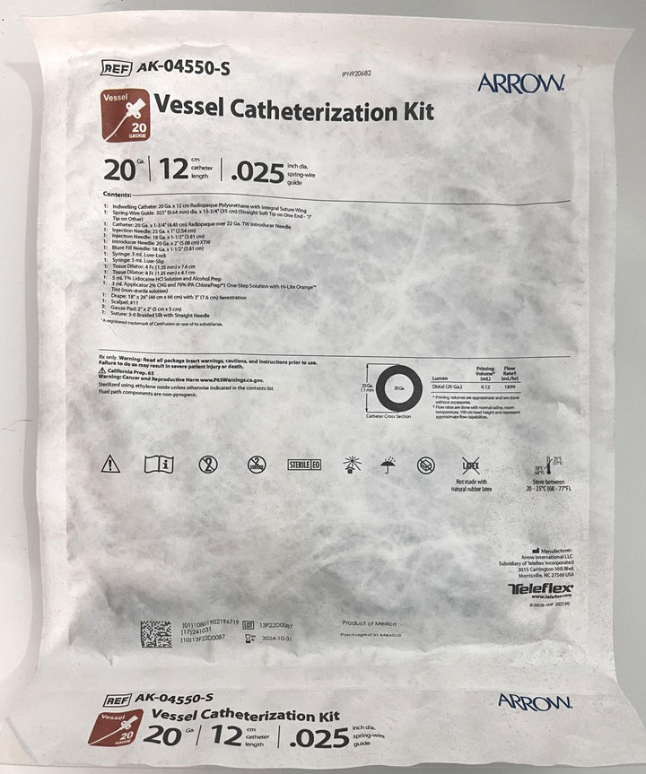Arrow AK-04550-S Vessel Catheterization Kit, sterile medical kit with components for vascular access.