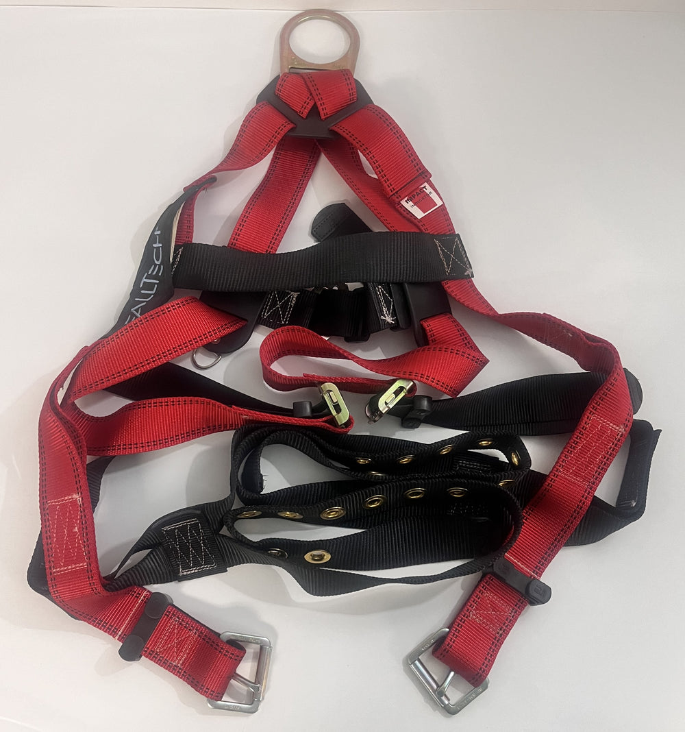 FallTech 7008XL Full Body Harness features durable polyester webbing, D-ring, 5-point adjustments, and passthrough leg buckles for secure fit.