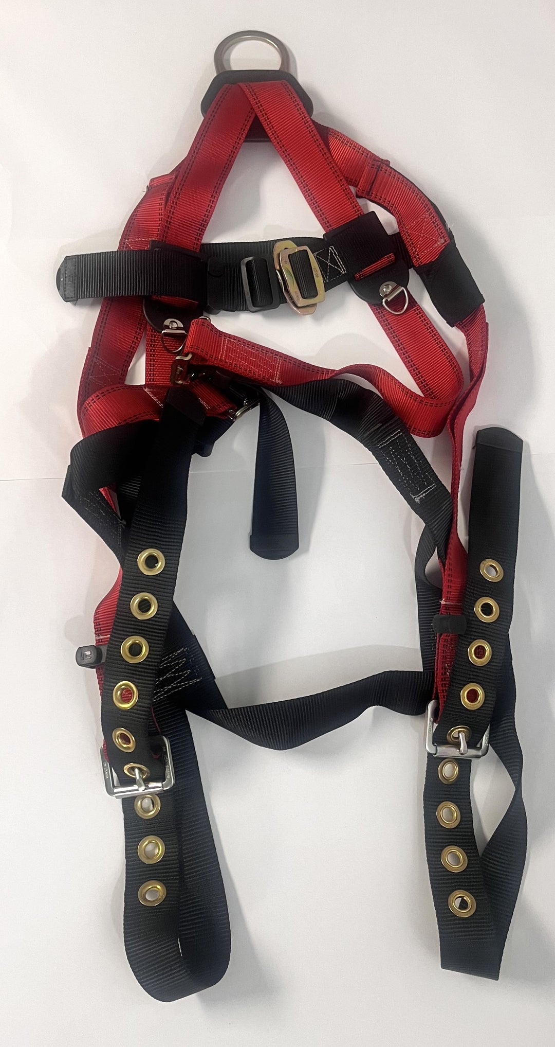 FallTech 7008XL Full Body Harness features durable polyester webbing, D-ring, 5-point adjustments, and passthrough leg buckles for secure fit.