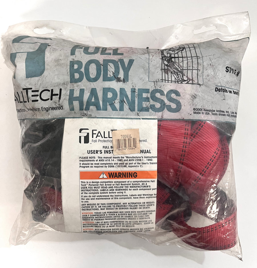 FallTech 7008XL Full Body Harness features durable polyester webbing, D-ring, 5-point adjustments, and passthrough leg buckles for secure fit.