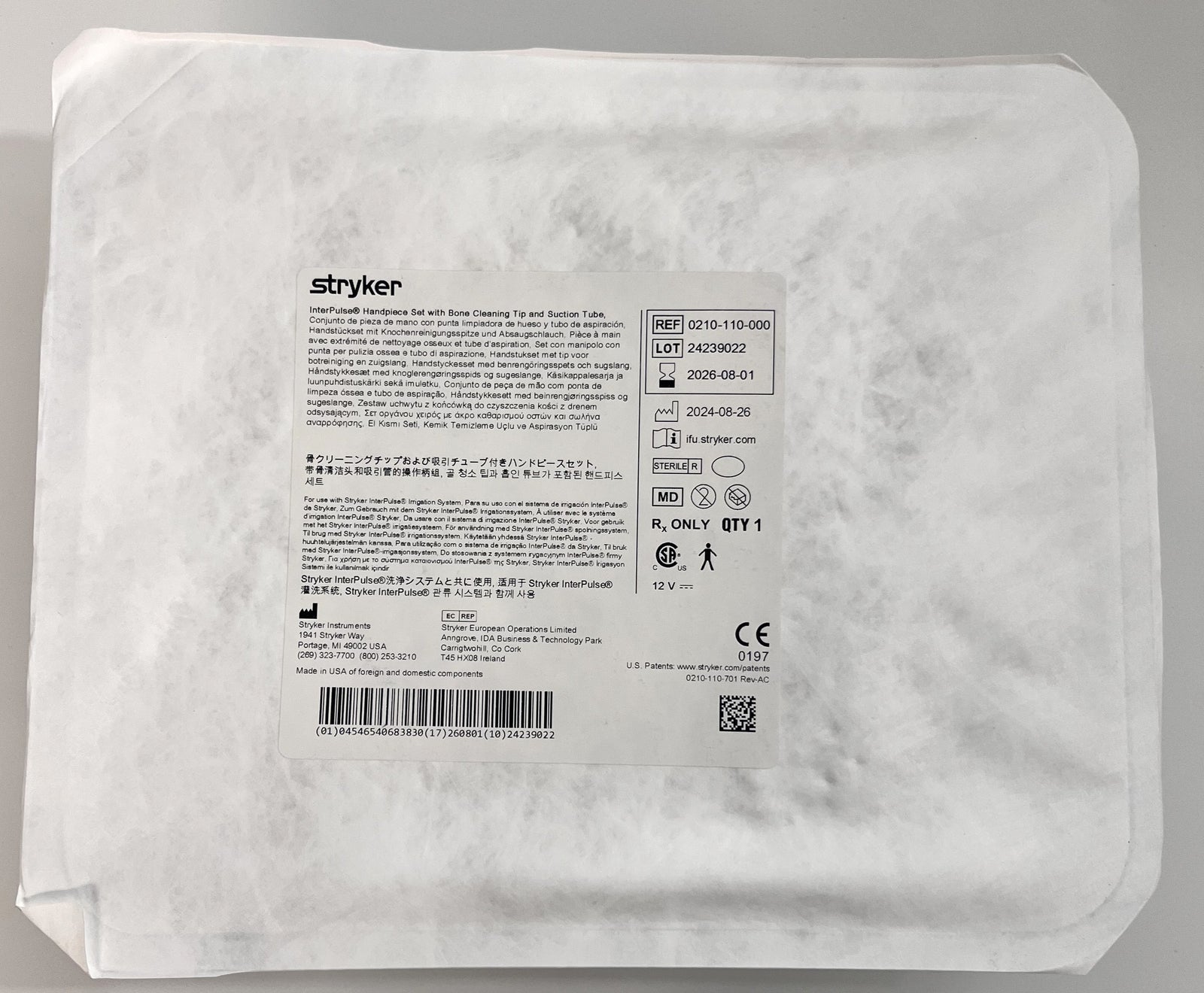 Stryker InterPulse Handpiece Set 0210-110-000 with bone cleaning tip and suction tube