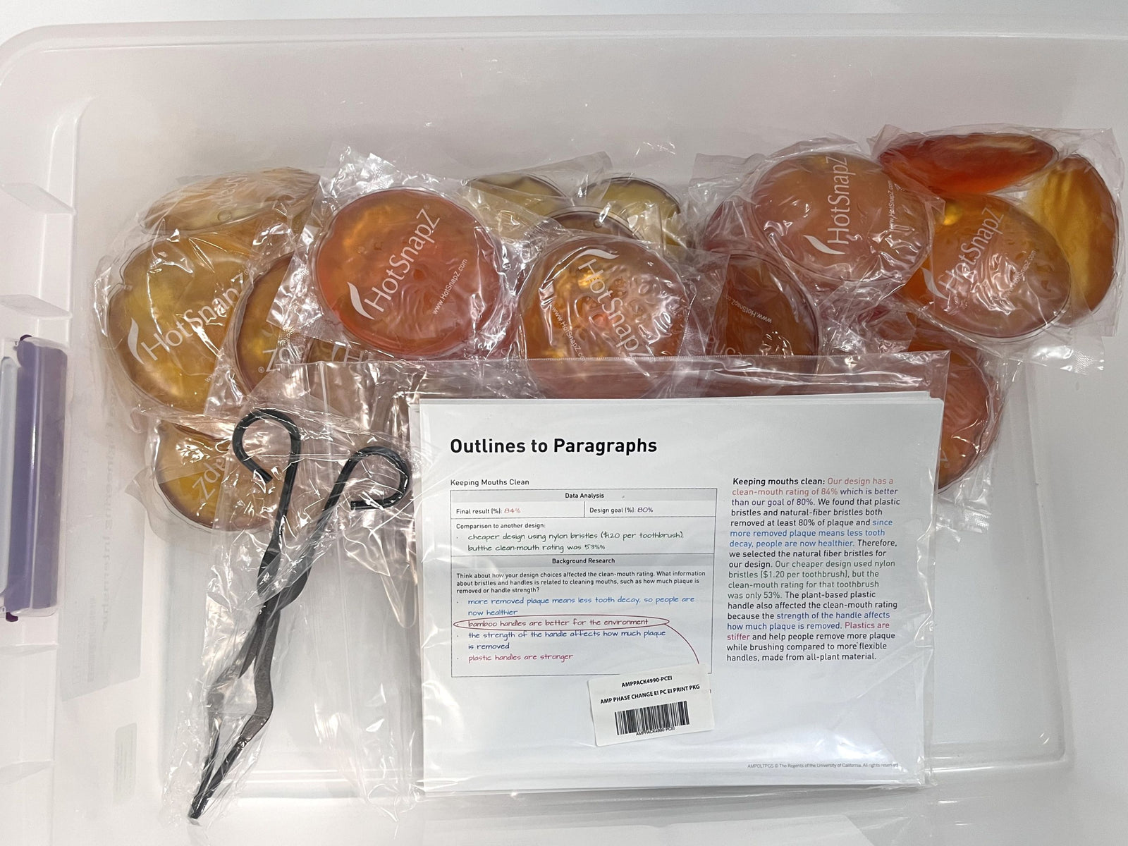 Amplify Science Grades 6-8 Phase Change Engineering Kit with handwarmers, tongs, and sheets.