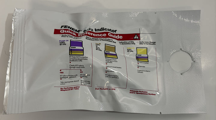 Single-use sealed Fenem CO2 colorimetric indicator packet by Curaplex, showing printed quick reference guide for interpreting carbon dioxide detection results in a medical setting.