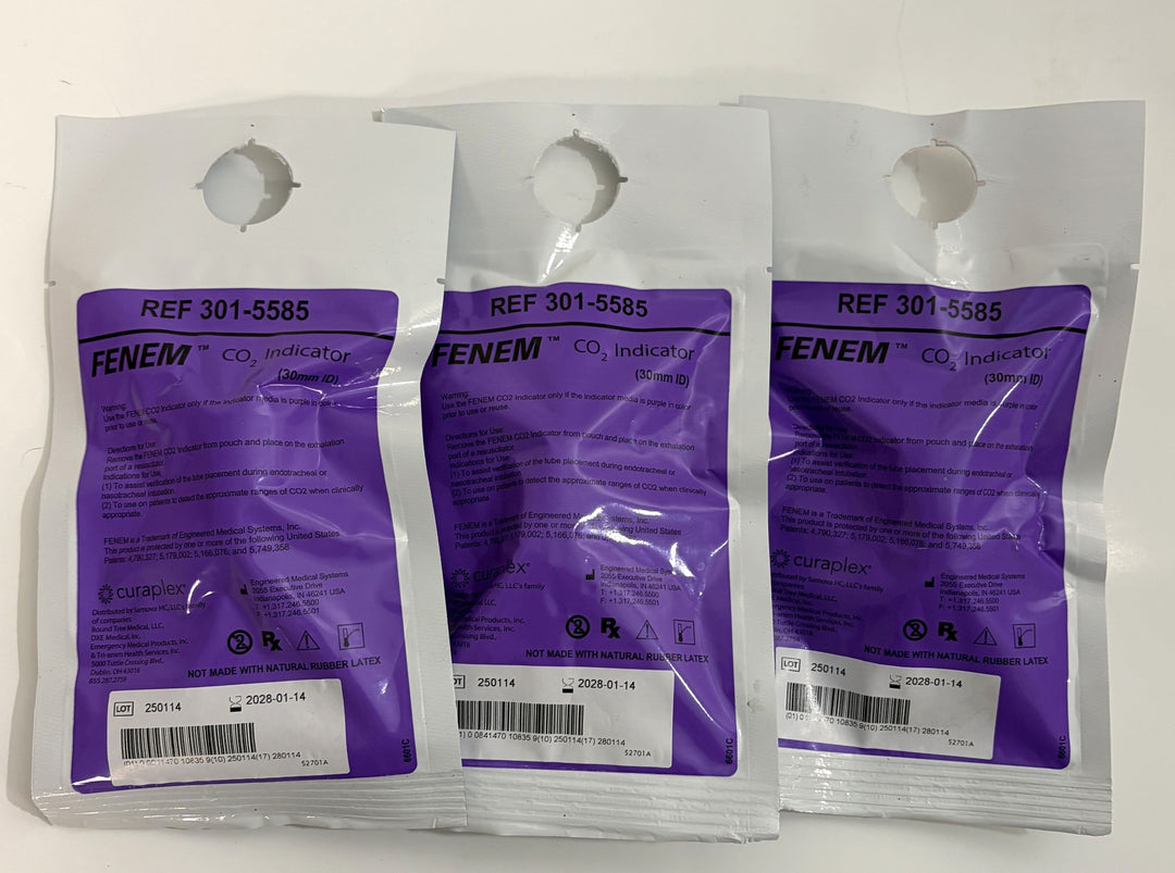 Three sealed single-use Fenem CO2 indicator packets with purple labels and product information, supplied by Curaplex, displayed on a white background.