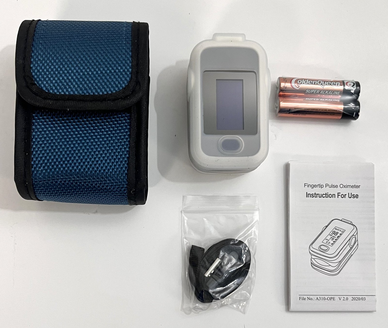 Pulse Oximeter A310 with dual-color OLED display, compact white design, and battery indicator.