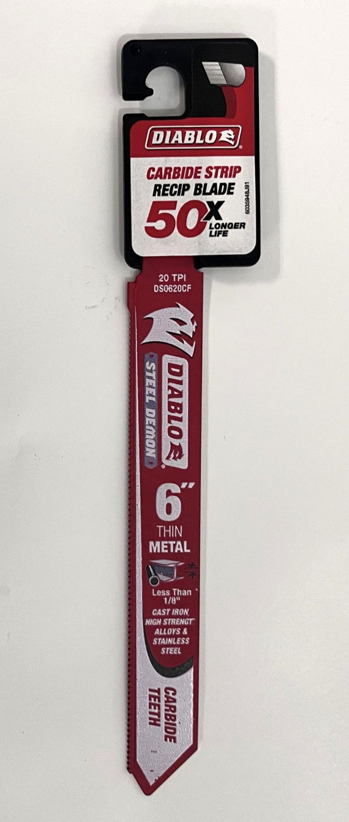 Diablo 6-inch Steel Demon carbide strip reciprocating saw blade, 20 TPI, designed for precise, fast cutting in metal and tough materials.