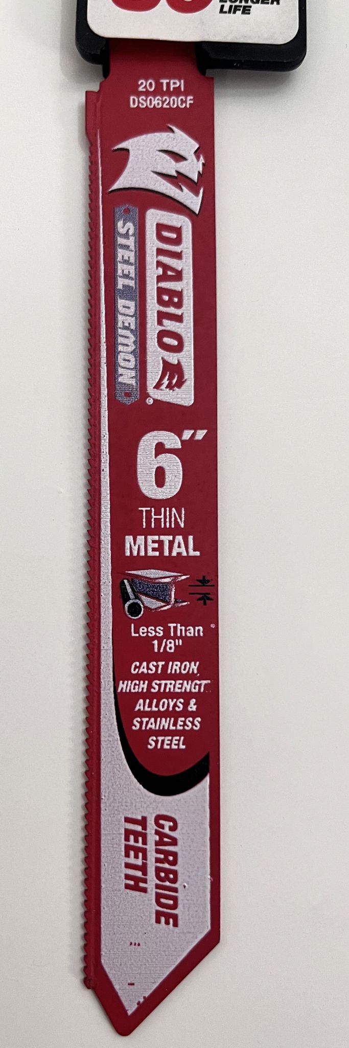 Diablo 6-inch Steel Demon carbide strip reciprocating saw blade, 20 TPI, designed for precise, fast cutting in metal and tough materials.