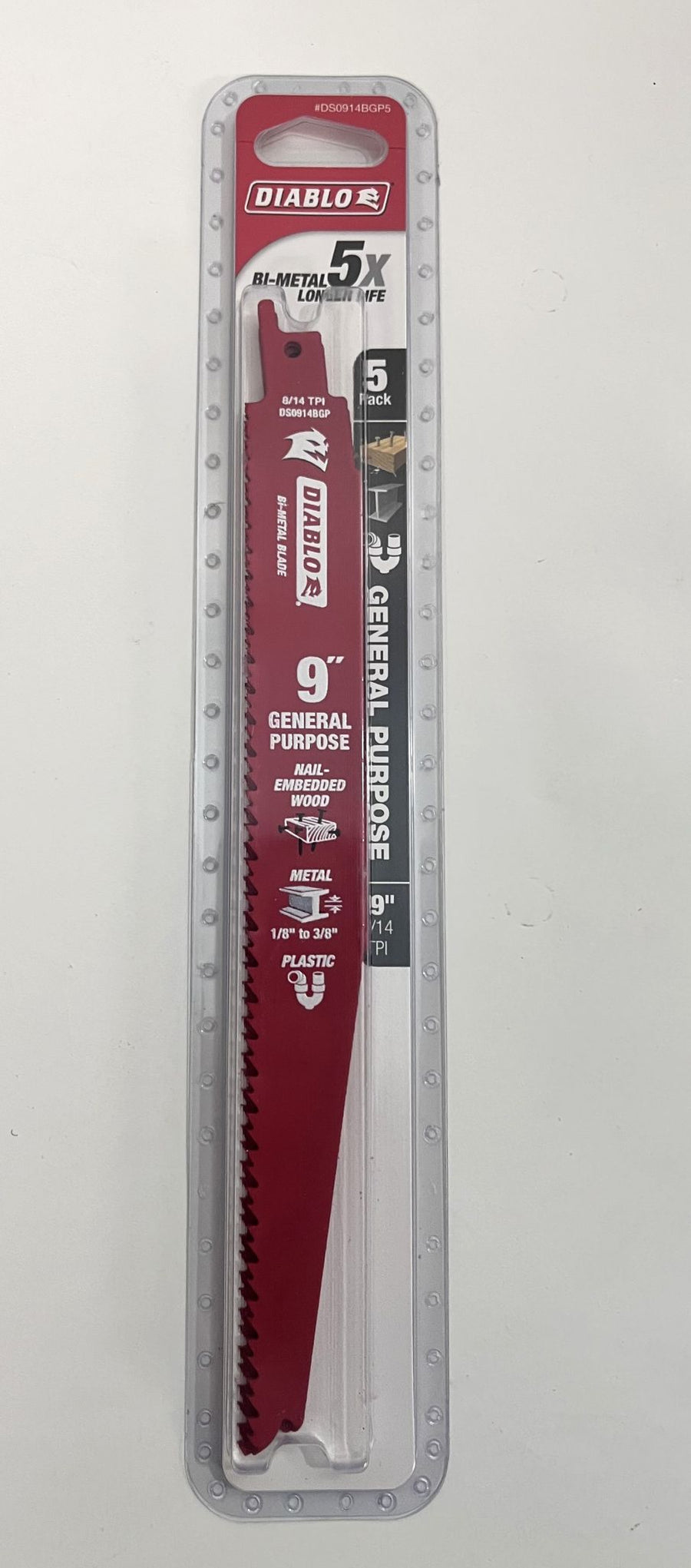 Diablo 9-inch bi-metal general-purpose reciprocating saw blade, 5-pack, durable and versatile for fast cutting in wood and metal.