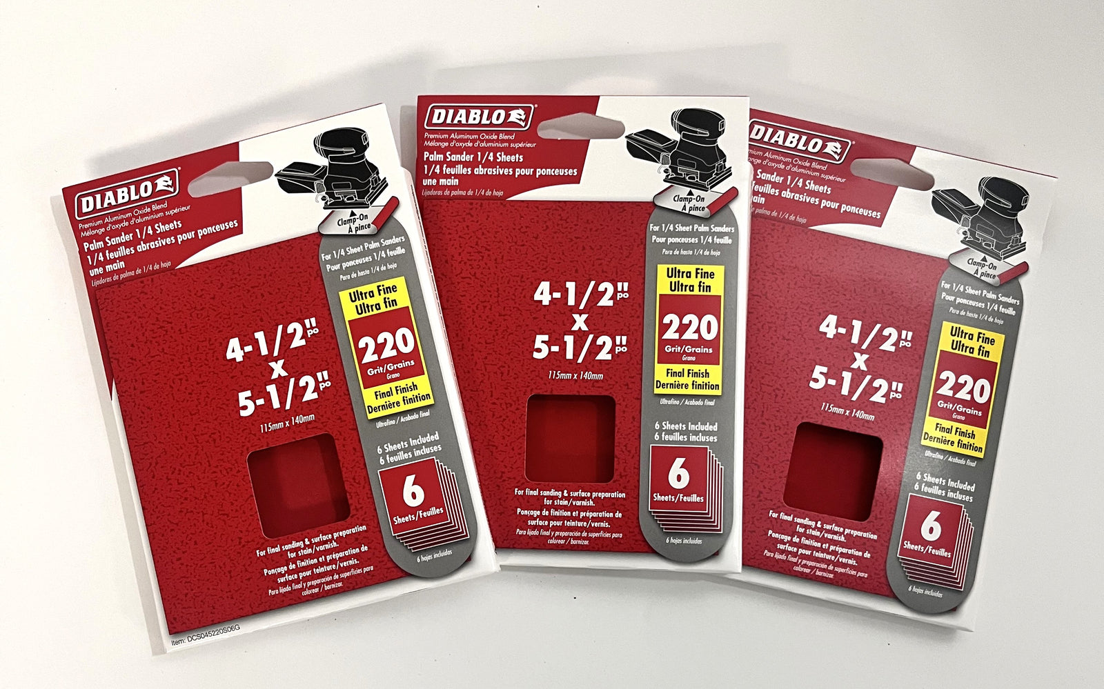 Diablo 220 grit palm sander 1/4 sheets, 4-1/2" x 5-1/2", perfect for fine sanding on wood, metal, and surfaces.