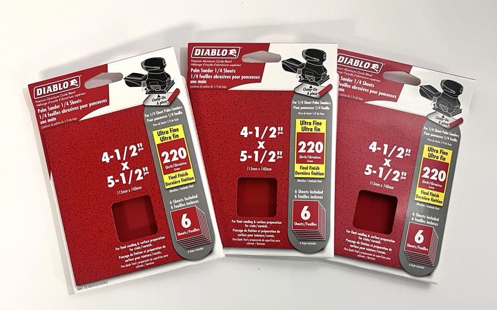 Diablo 220 grit palm sander 1/4 sheets, 4-1/2" x 5-1/2", perfect for fine sanding on wood, metal, and surfaces.