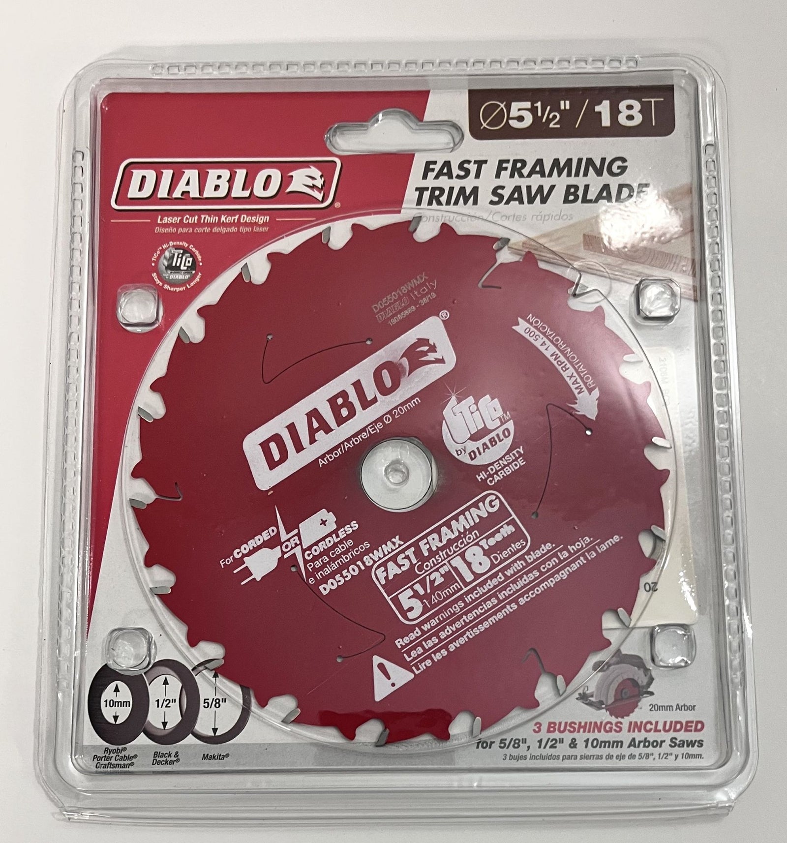 Freud Diablo 5-1/2 inch 18 teeth fast framing trim saw blade, designed for quick and clean cuts in wood and engineered materials.