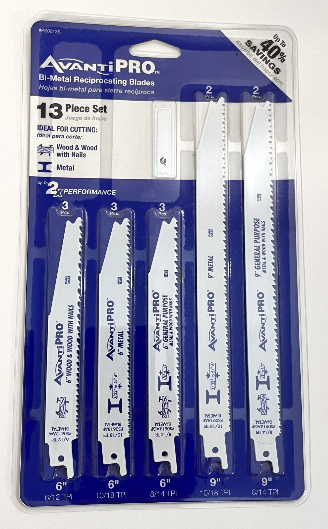 Avanti Pro 13-piece bi-metal reciprocating saw blade set, cuts wood and metal, durable and versatile for various cutting tasks.