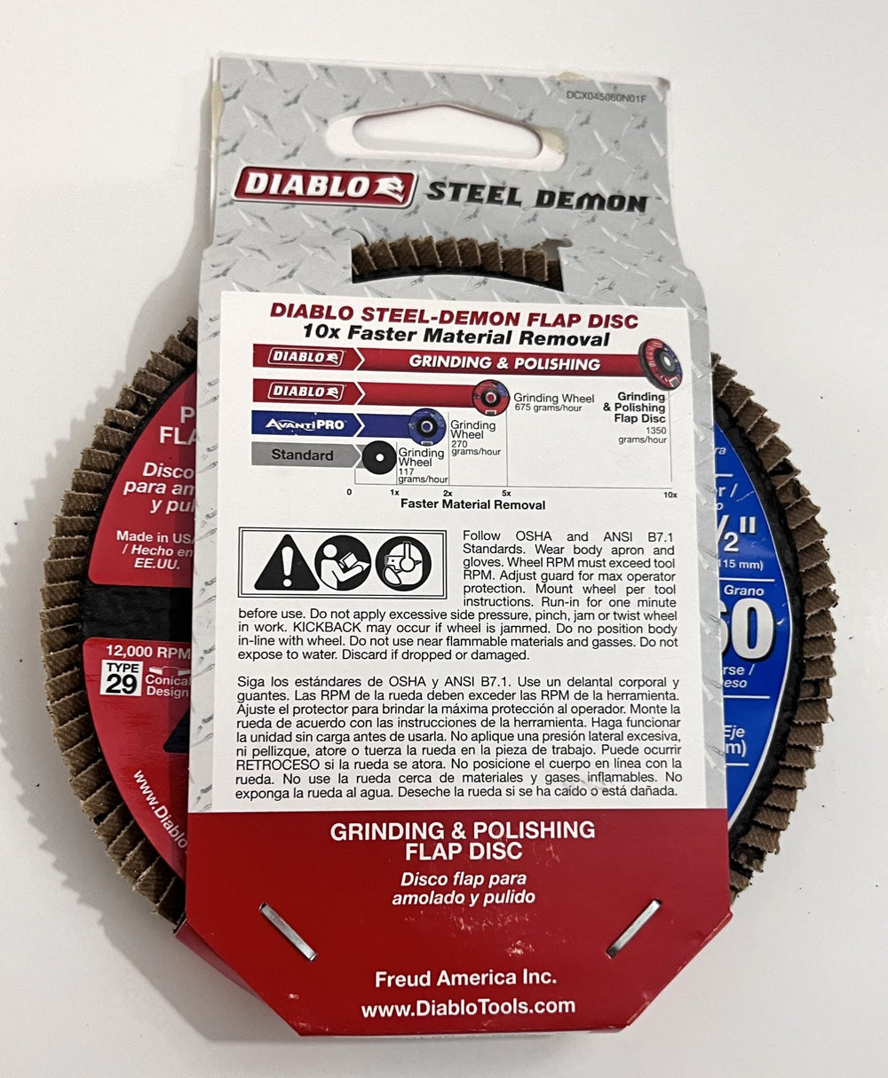 Diablo Type 29 4-1/2 inch 60 grit Steel Demon flap discs, ideal for grinding and polishing metal surfaces efficiently.