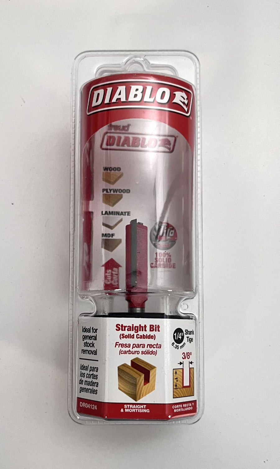 Diablo DR04124 Straight Router Bit, 3/8" diameter x 2-1/2" length, carbide tip, 1/4" shank