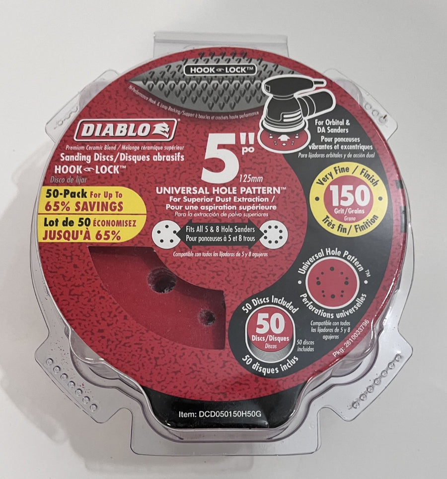 Diablo DCD050150H50G 150 grit 5' sanding discs, 50-pack. Ideal for medium finishing, durable with hook and lock attachment.