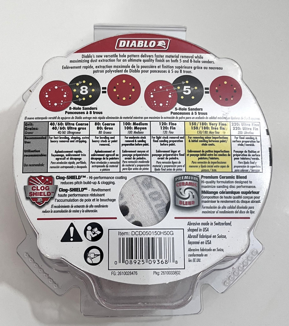 Diablo DCD050150H50G 150 grit 5' sanding discs, 50-pack. Ideal for medium finishing, durable with hook and lock attachment.