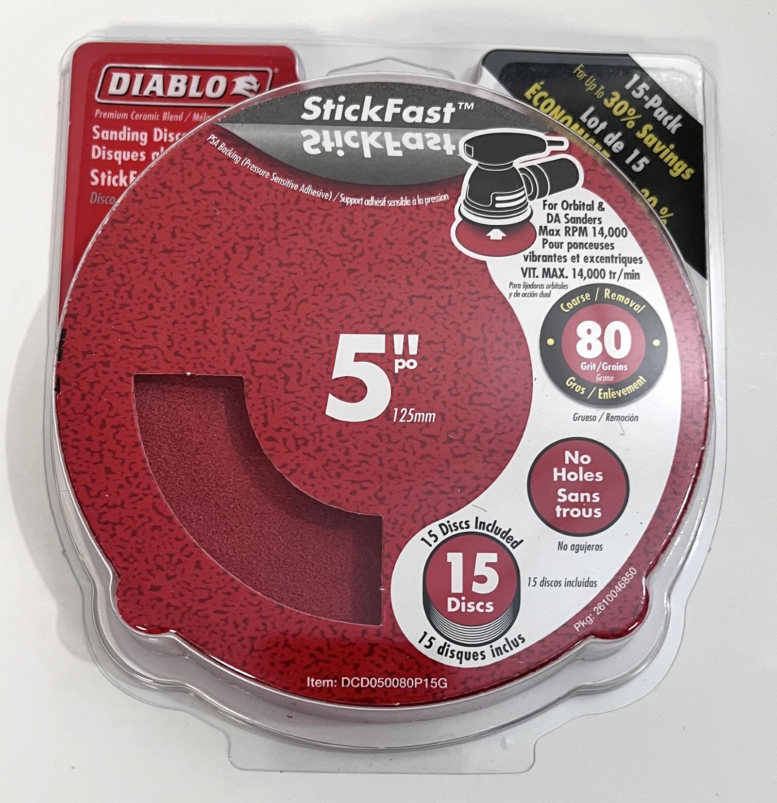 Diablo DCD050080P15G 80 grit sanding discs, 5-inch (15-pack), perfect for medium sanding and surface preparation on various materials.
