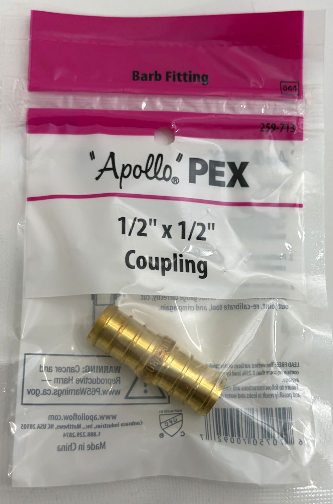 Apollo APXC1212 1/2" x 1/2" Brass PEX Barb Coupling – 12-Pack Lead-Free Fittings