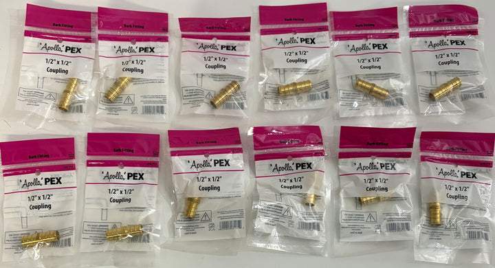 Apollo APXC1212 1/2" x 1/2" Brass PEX Barb Coupling – 12-Pack Lead-Free Fittings