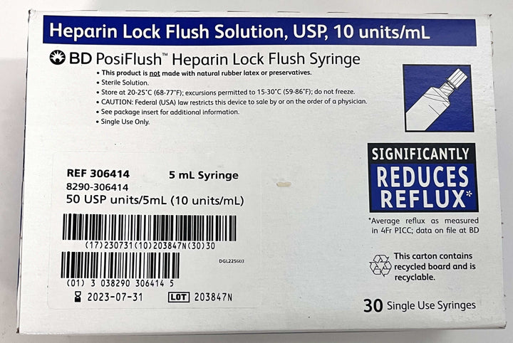 BD PosiFlush Heparin Lock Flush Solution, USP, 10 units/ml (30-Pack)