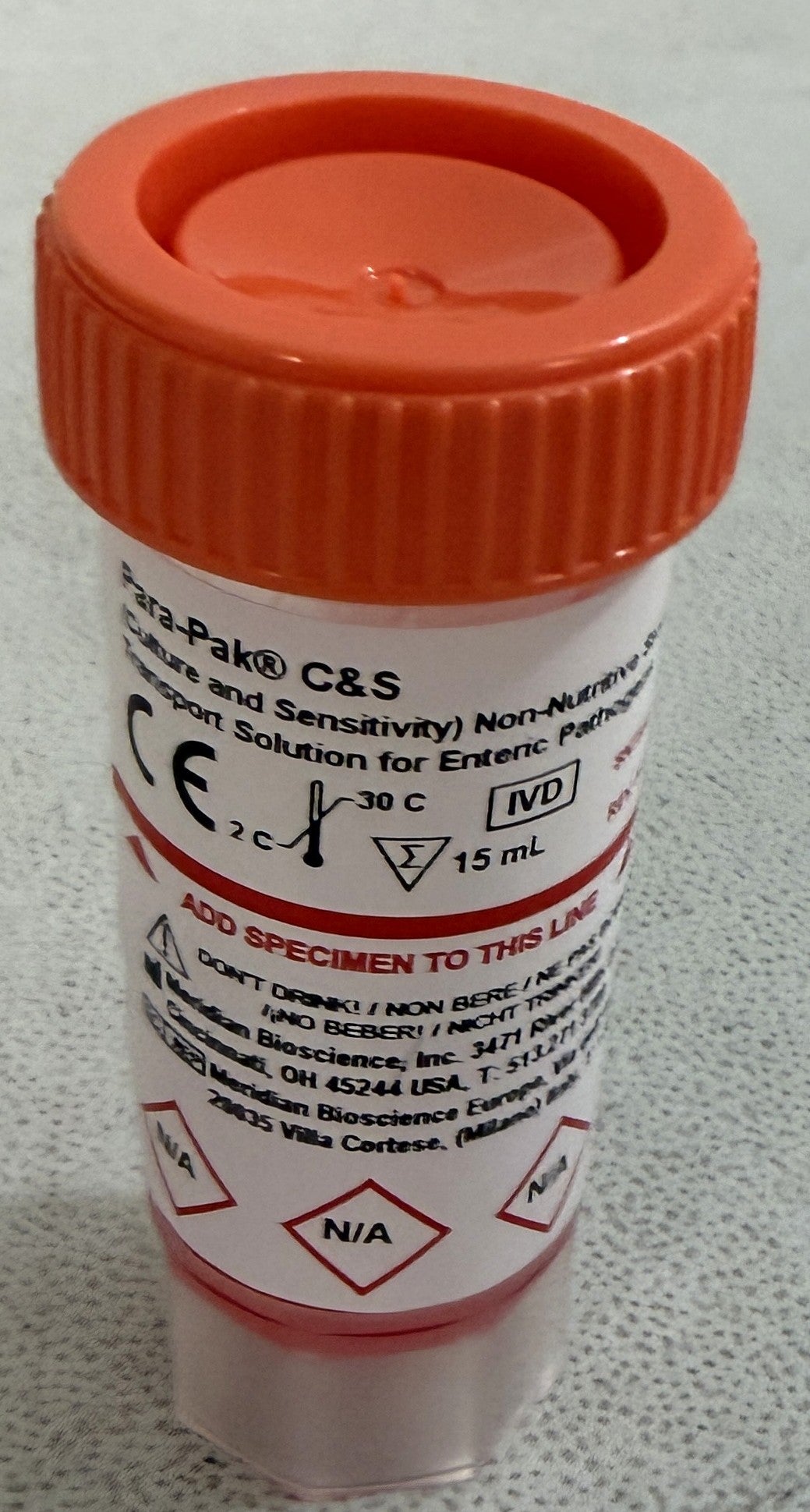 Para-Pak C&S Stool Specimen Containers 900612 - Box of 20 Vials, 15mL Each, Exp: 09-07-2026.