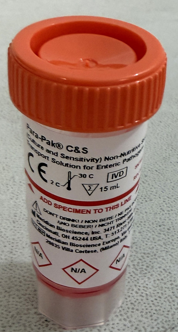 Para-Pak C&S Stool Specimen Containers 900612 - Box of 20 Vials, 15mL Each, Exp: 09-07-2026.