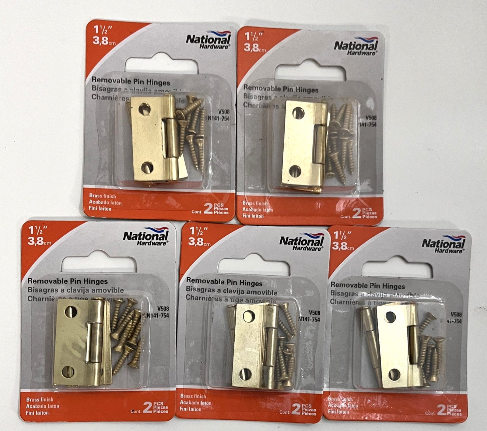 National Hardware N142-754 Hinges, 1-1/2", brass finish, 5 packs of 2 pieces each.