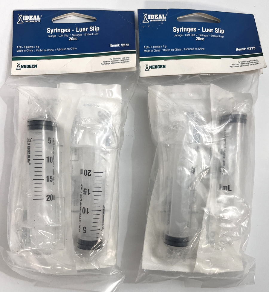 Ideal 9273 Luer Slip 20cc syringes, available in 2 packs of 4, offer precise control for medical or laboratory use.