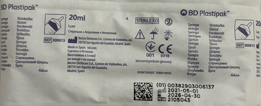 Plastipak 300613 20 mL Luer Slip Syringe – Sterile, Single-Use (120/Box)