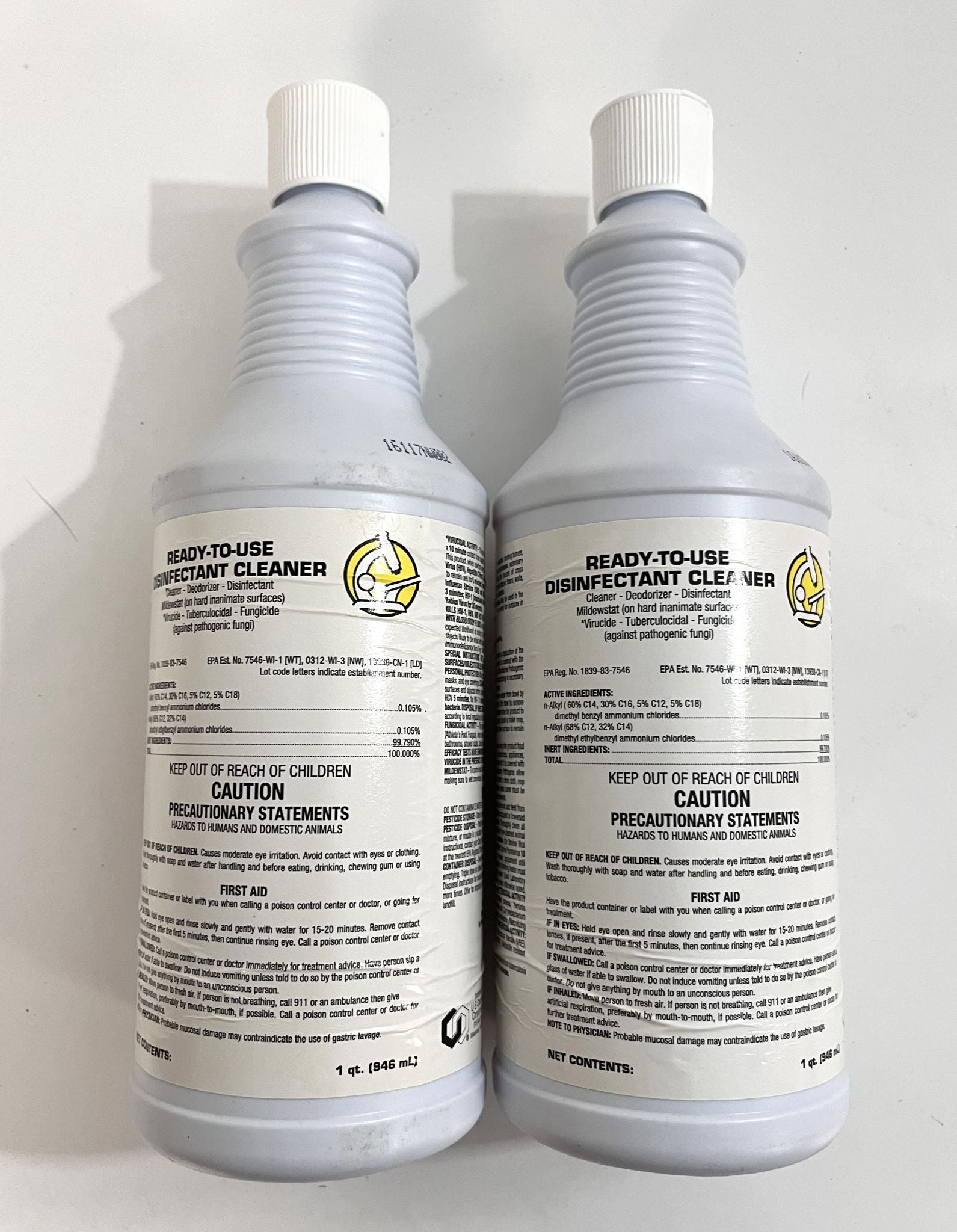 Two 1-quart bottles of Ready-To-Use Disinfectant Cleaner in a 2-pack, ideal for germ-free cleaning.