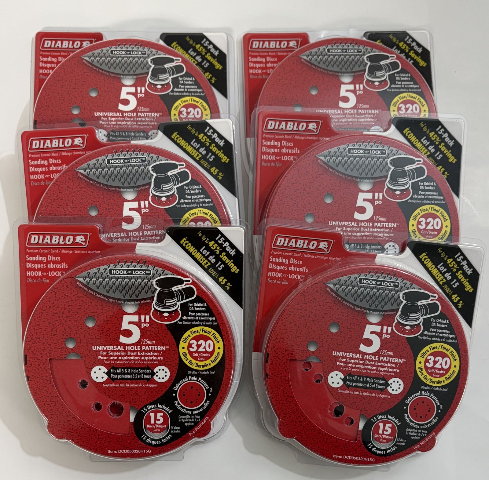 Diablo DCD050320H15G 5" 320-Grit Sanding Discs – Universal Hole Pattern – 90 Discs Bulk Lot (6 Packs)