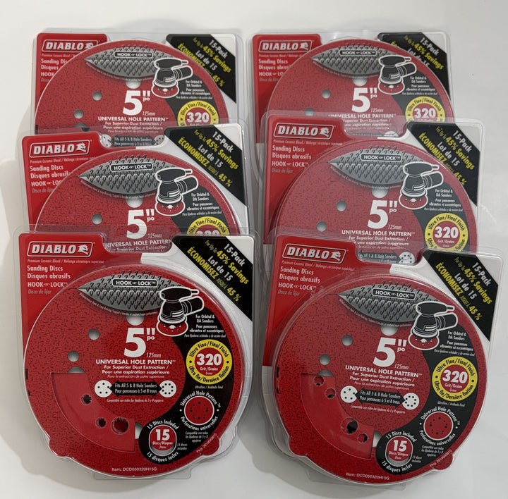 Diablo DCD050320H15G 5" 320-Grit Sanding Discs – Universal Hole Pattern – 90 Discs Bulk Lot (6 Packs)