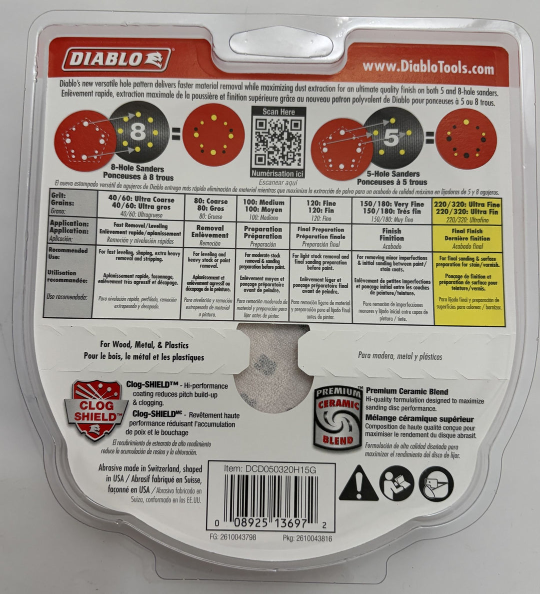 Diablo DCD050320H15G 5" 320-Grit Sanding Discs – Universal Hole Pattern – 90 Discs Bulk Lot (6 Packs)
