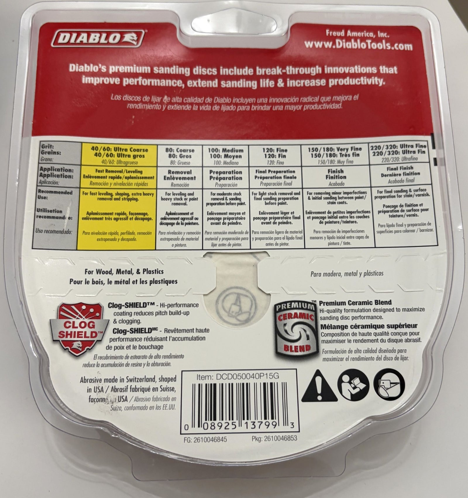 Back of a Diablo sanding disc packaging with product details and branding.