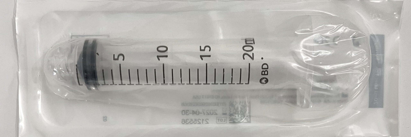 Transparent 20 mL syringe with Luer-Lok tip, clear markings, and smooth plunger action.