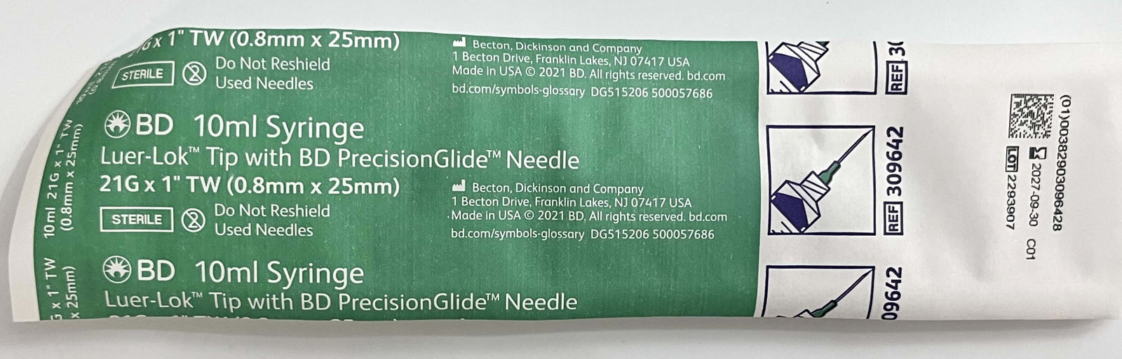 309642 10ml LL Tip Syringe with PrecisionGlide Needle 21G x 1" (100/Box)