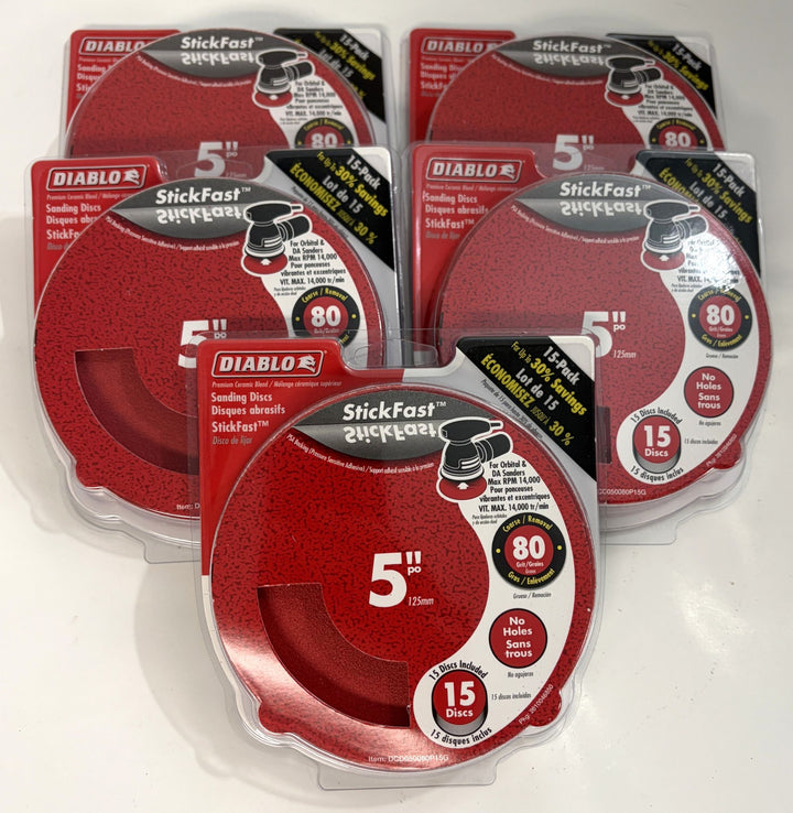 Diablo DCD050080P15G 5" 80-Grit StickFast Sanding Discs – No Holes – 75 Discs (5-Pack Bulk)