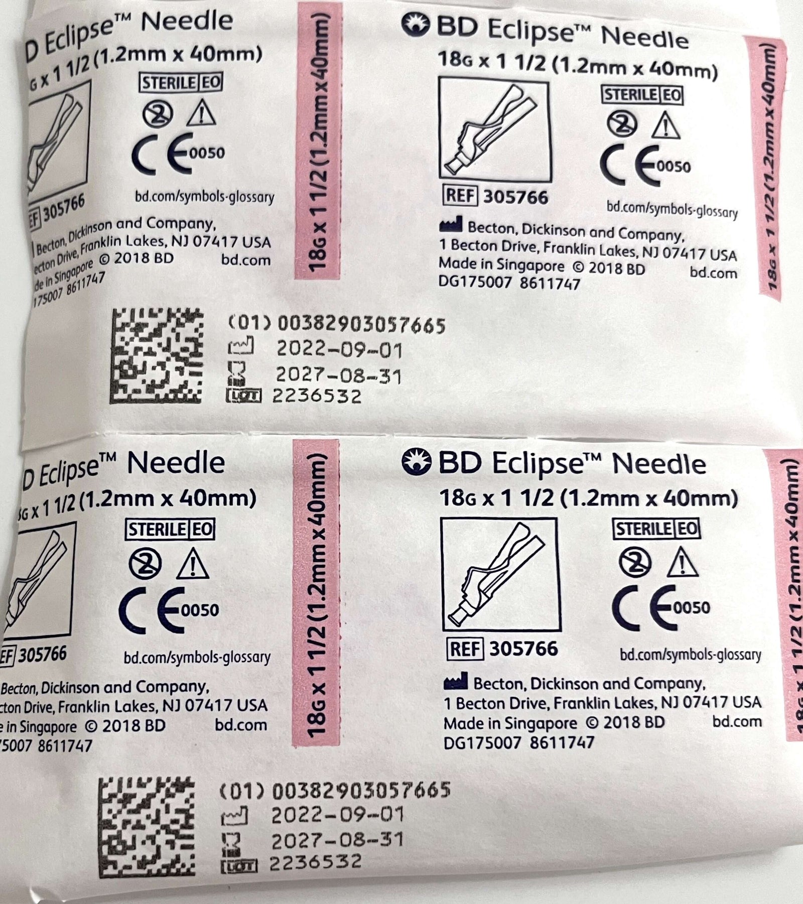 Box of 100 BD Eclipse Needles, 18G x 1-1/2", sterile and non-pyrogenic.