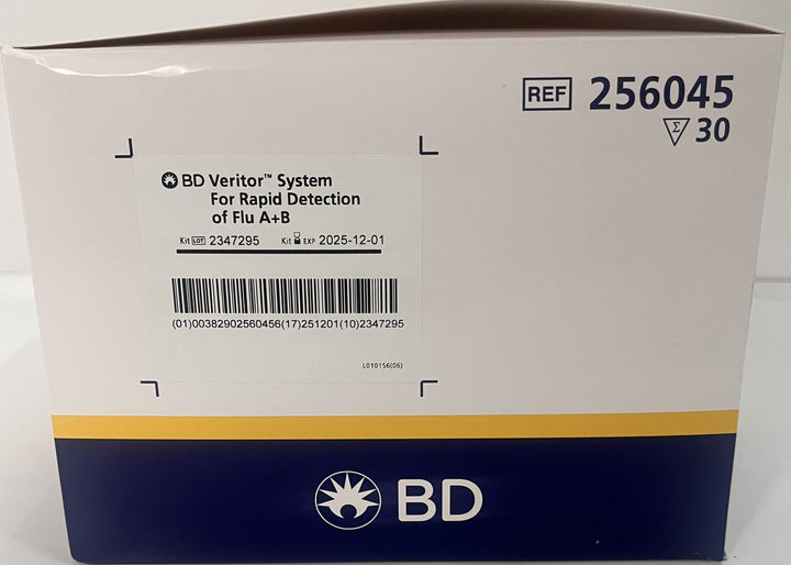 256045 Veritor System for Rapid Detection of Flu A+B (30/Kit) with test devices and reagents.