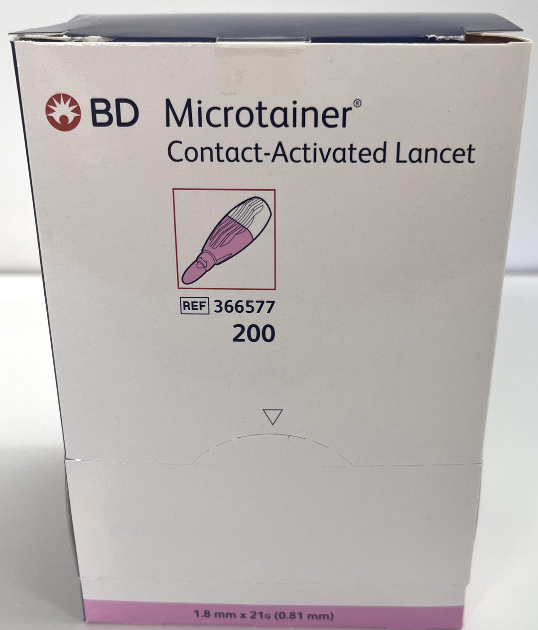 Box of 200 Microtainer Contact-Activated Lancets (366577), designed for safe, precise blood sampling with minimal patient discomfort.