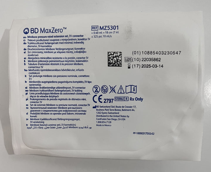 BD MZ5301 MaxZero Minibore Extension Set 7", Sterile, 50/Pack