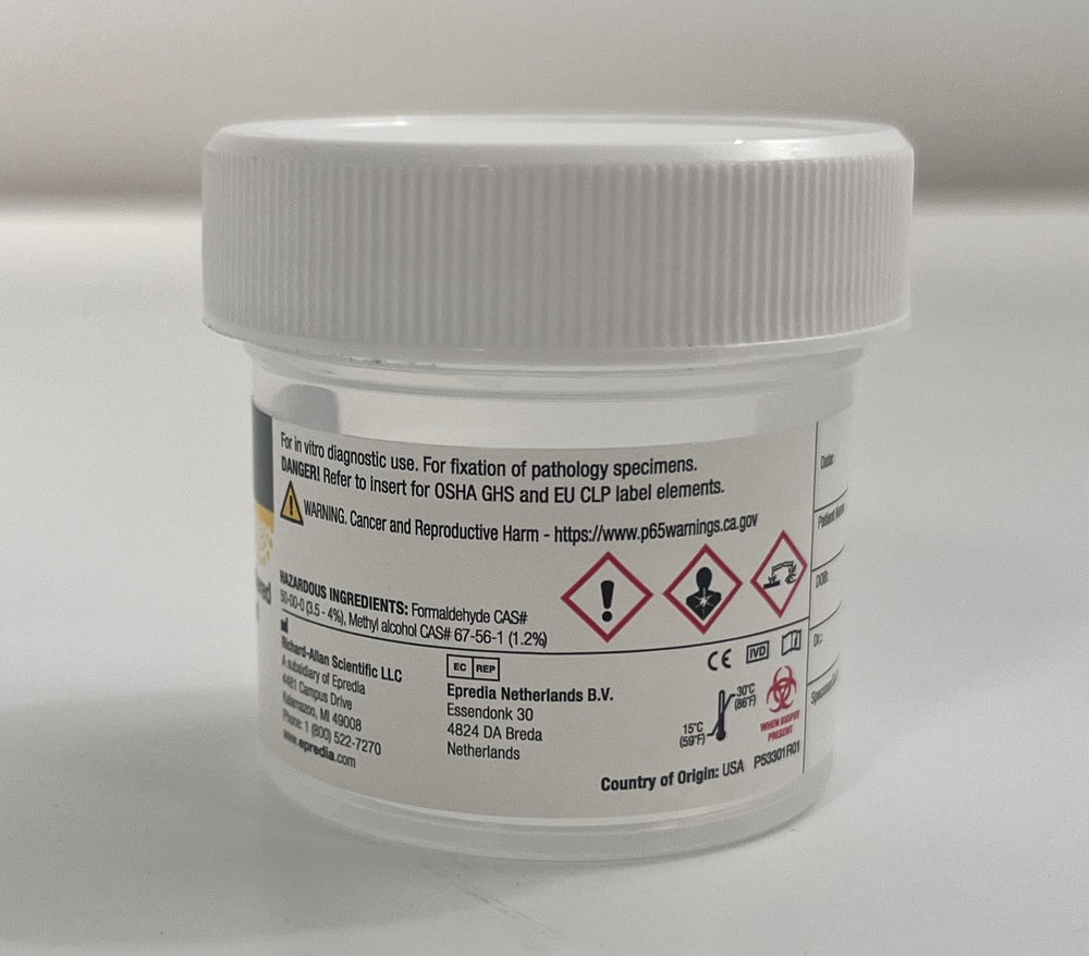 STS Signature Series Formalin Specimen Containers, 30ml, Ref 53301, 36 containers per box, used for safe specimen storage.